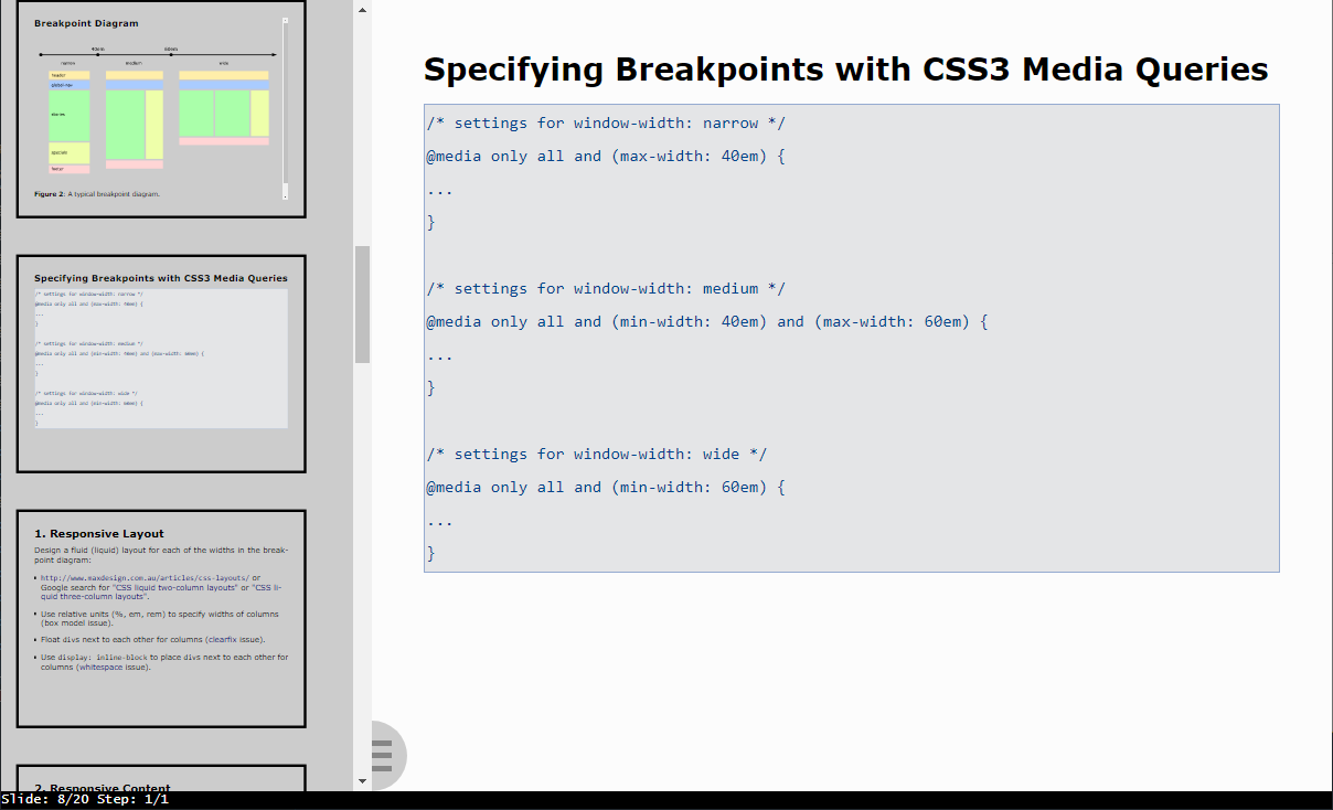 An image shows the the first iteration of Rslidy, featuring a slide and the slide overview panel. 