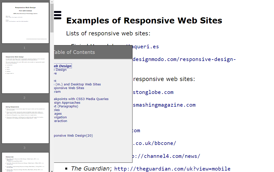 An image shows the the second iteration of Rslidy, featuring a partially obscured table of contents. 