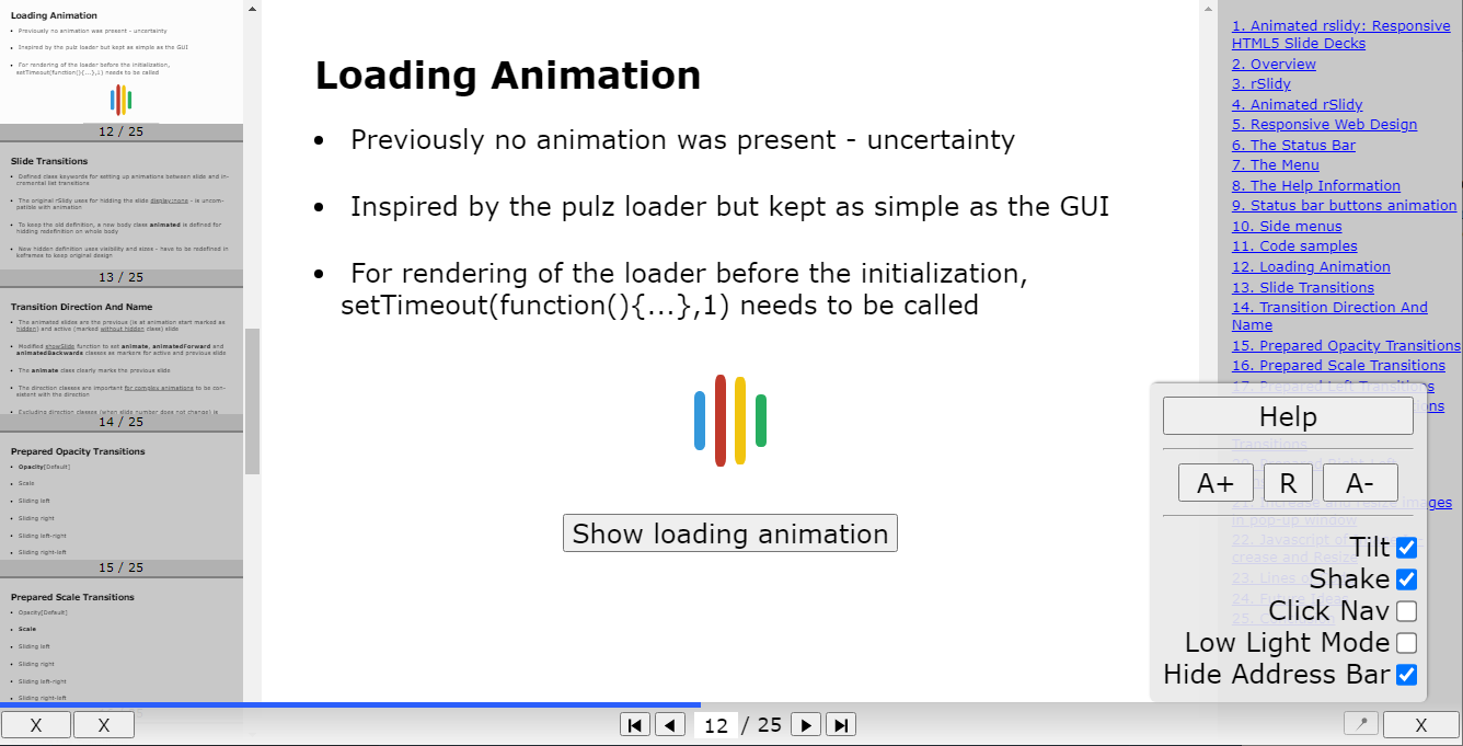 An image shows the the fourth iteration of Rslidy, featuring a slide, the slide overview panel, and a settings window.