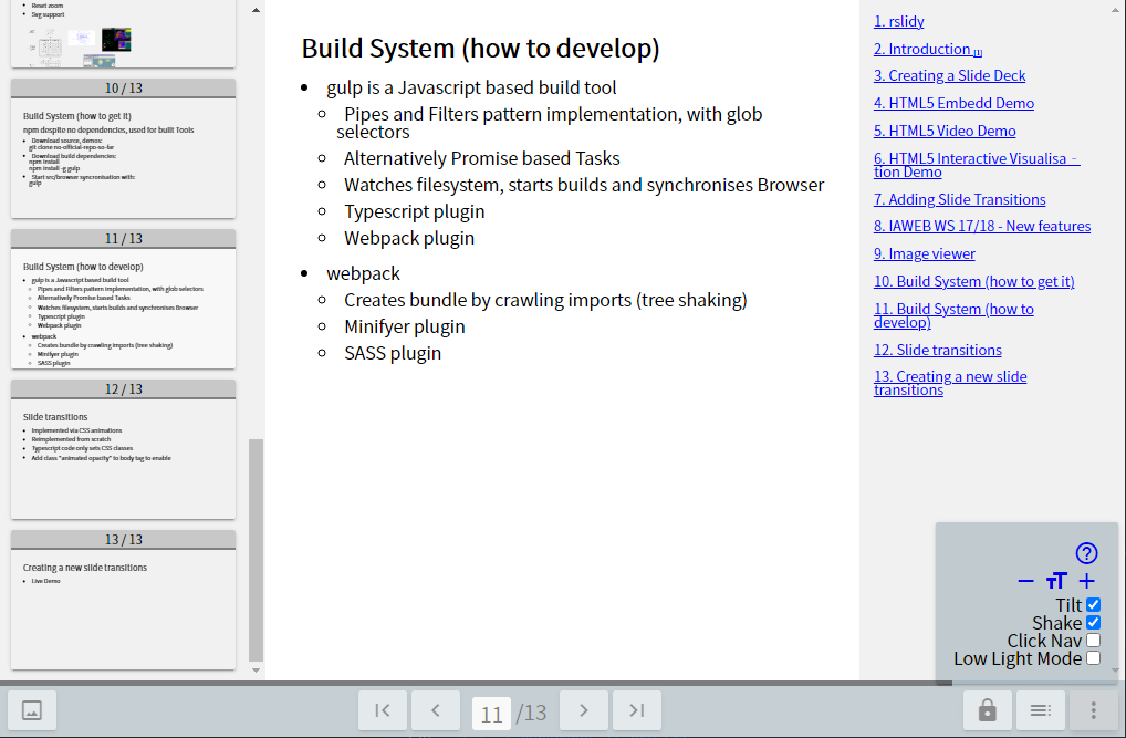 An image shows the the fifth iteration of Rslidy, featuring a slide, the slide overview panel, and a settings window.